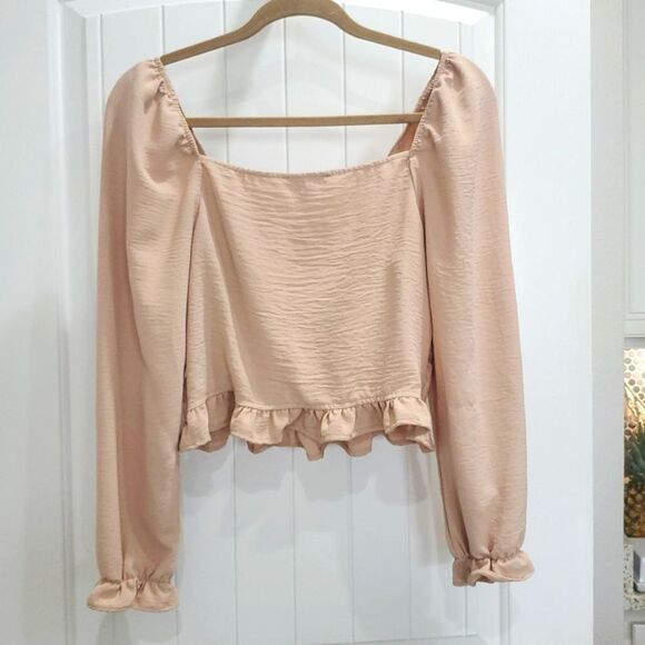 Blashe Tan Womans Ruffle Smocked Puff Sleeve Crop Top Size Large - Picture 5 of 5